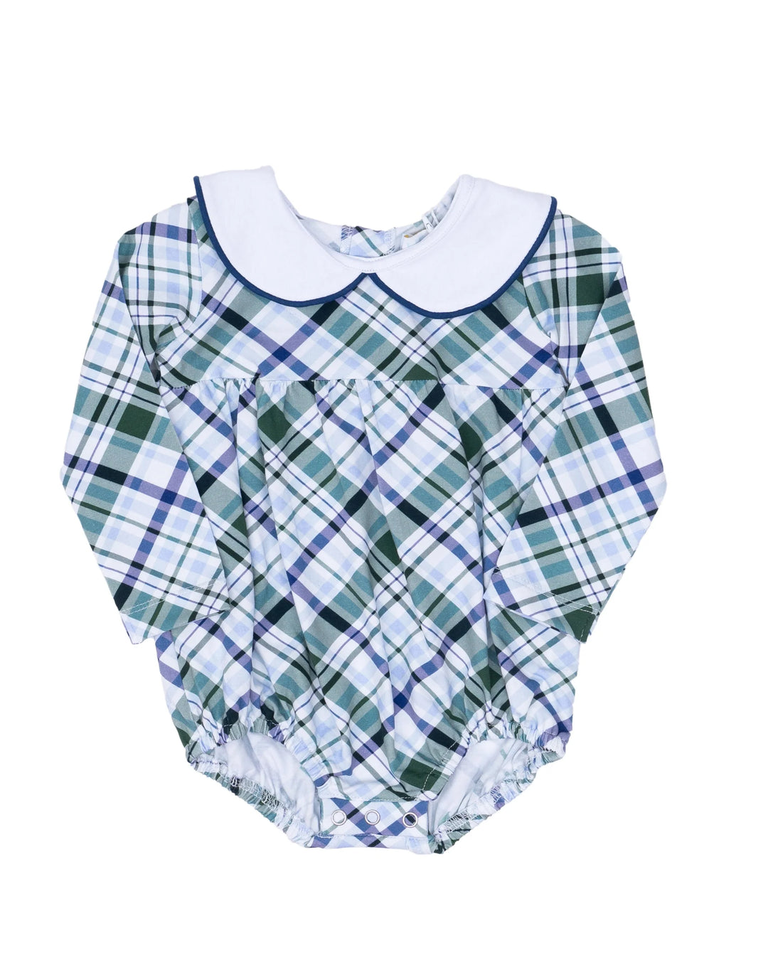 Plaid baby romper with a white collar on a white background