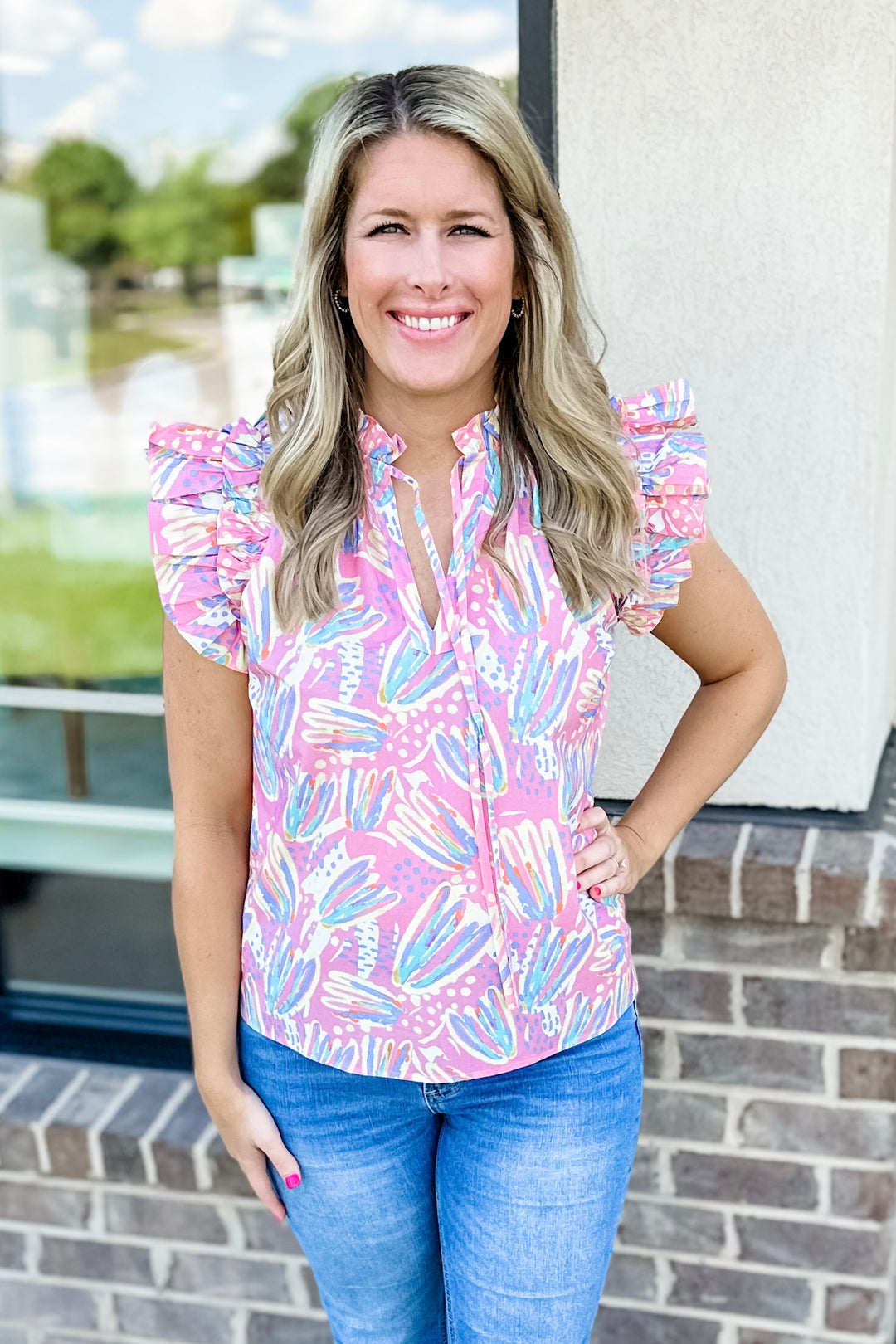 PINK MULTI ABSTRACT FRILL TRIM TOP