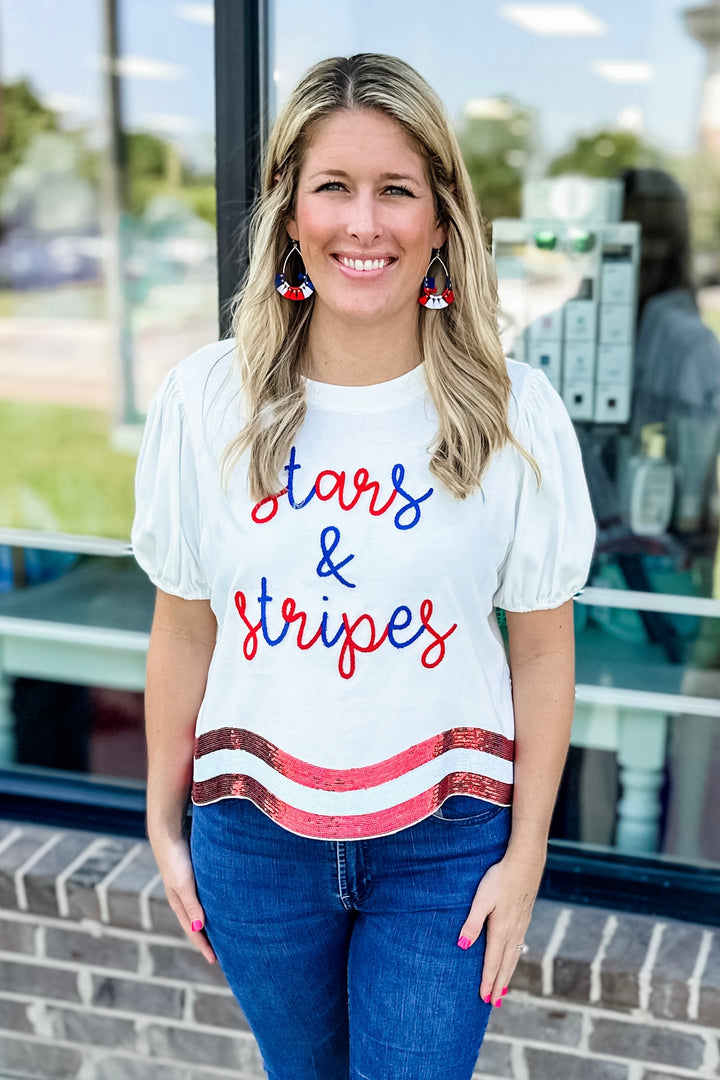 STARS & STRIPES SCRIPT SEQUIN HEM TOP