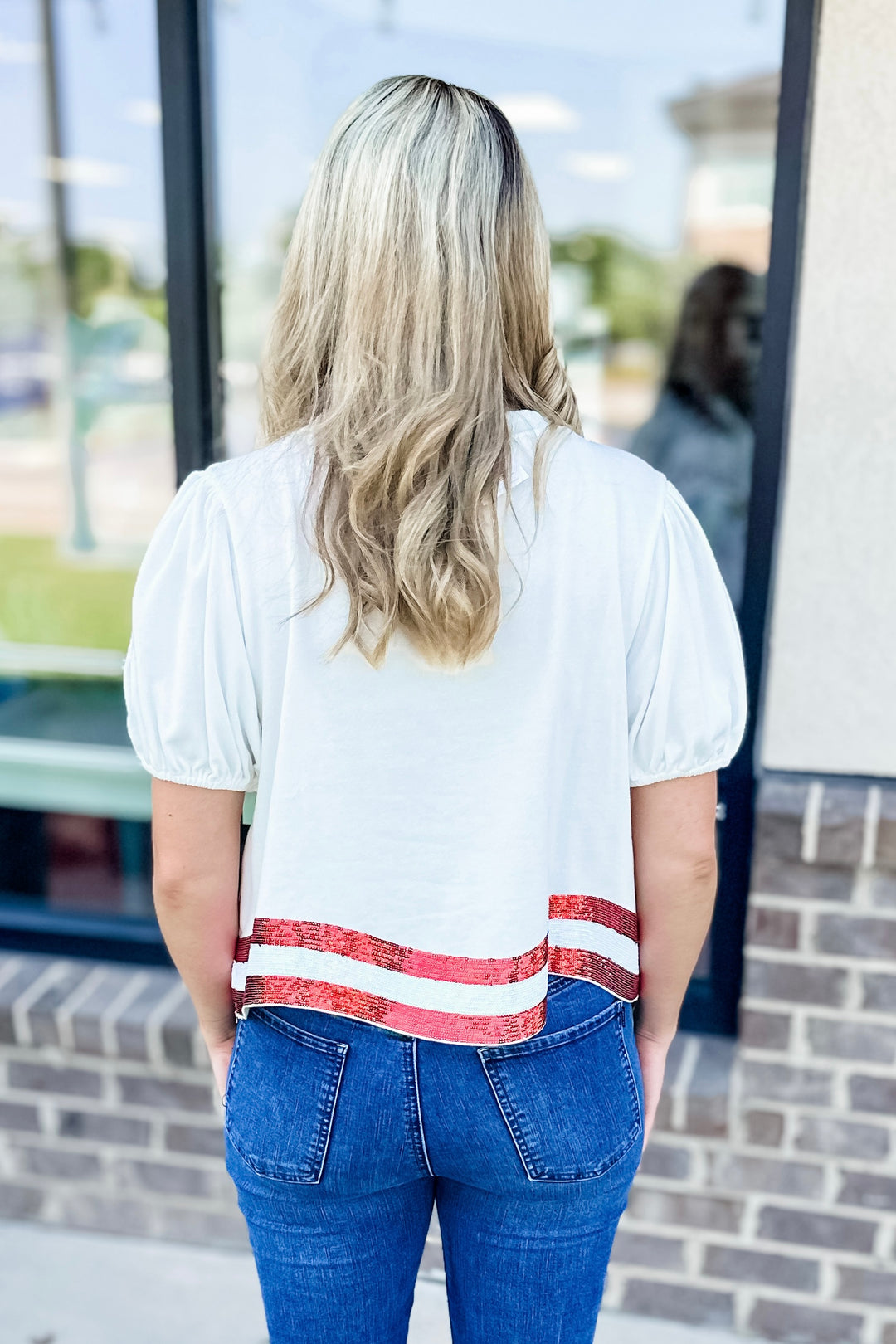 STARS & STRIPES SCRIPT SEQUIN HEM TOP