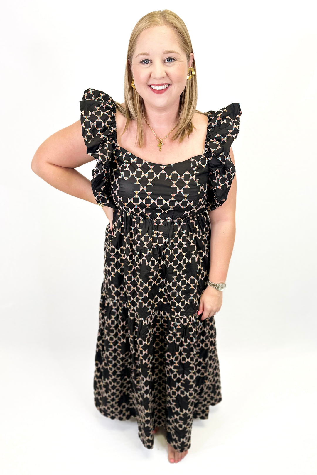 BLACK MULTI COLOR EMBROIDERED TIERED MIDI DRESS
