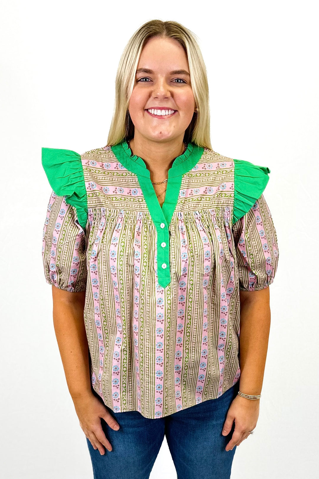 PINK & GREEN FLORAL STRIPE RUFFLE TOP