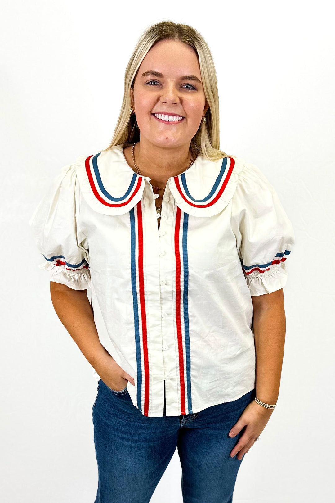 CREAM RED & BLUE TRIM PETER PAN COLLAR TOP