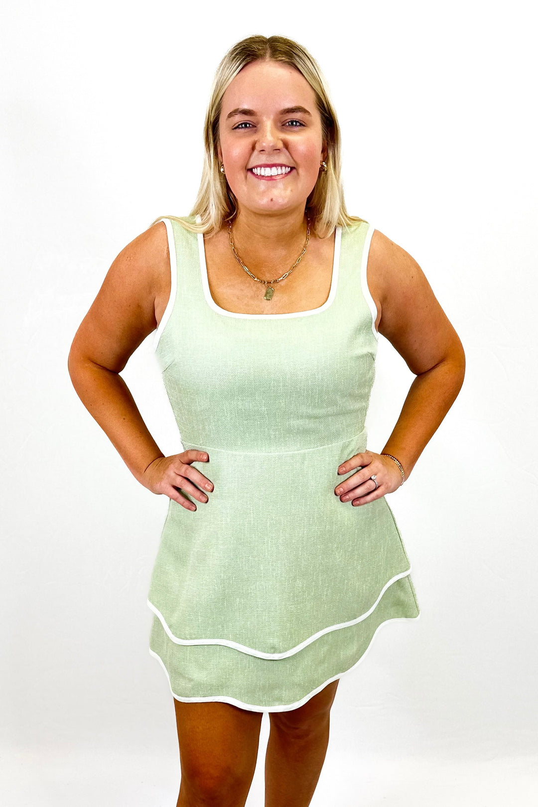 SAGE TWEED & WHITE TRIM DRESS