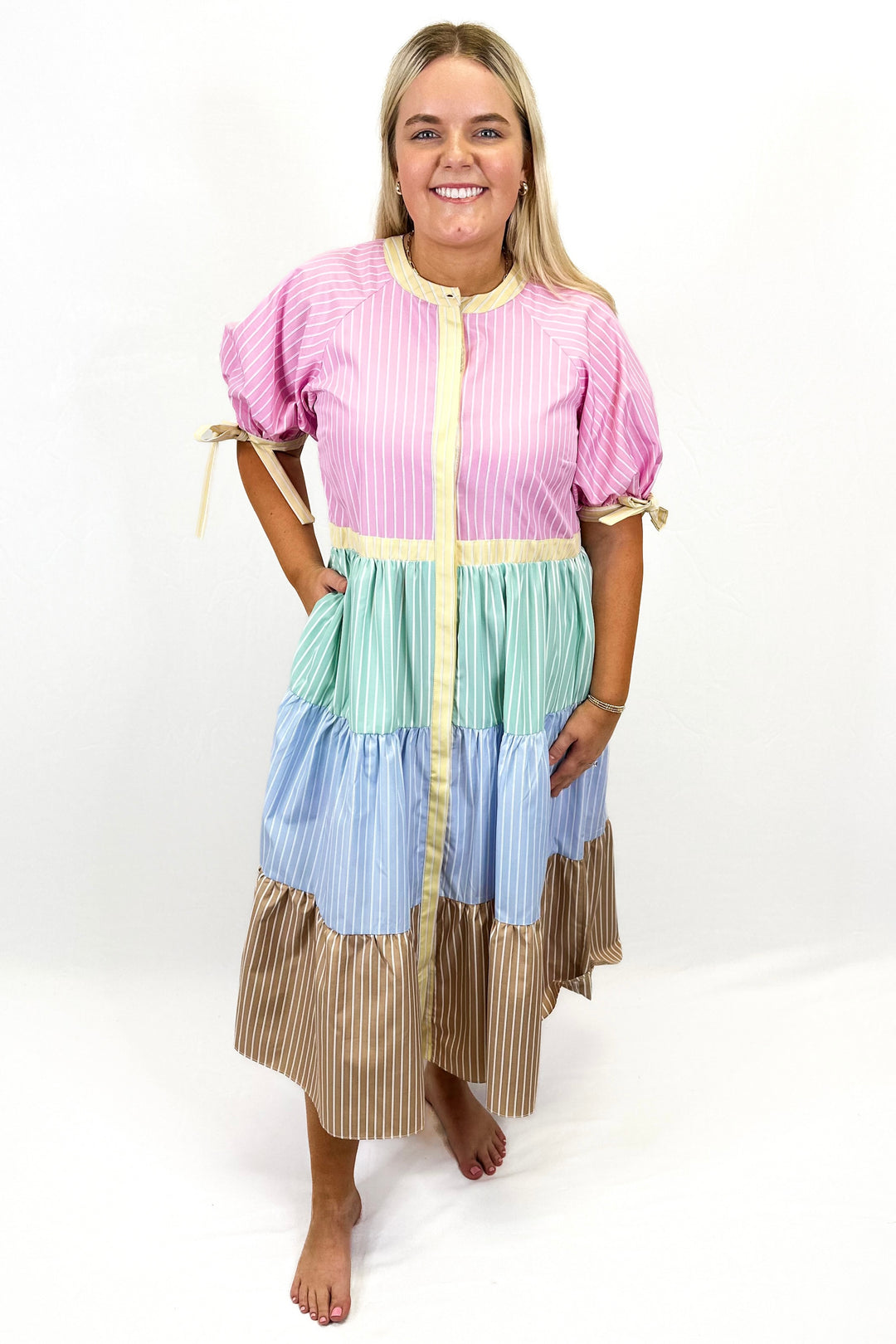 MULTI COLOR PASTEL STRIPE MIDI DRESS