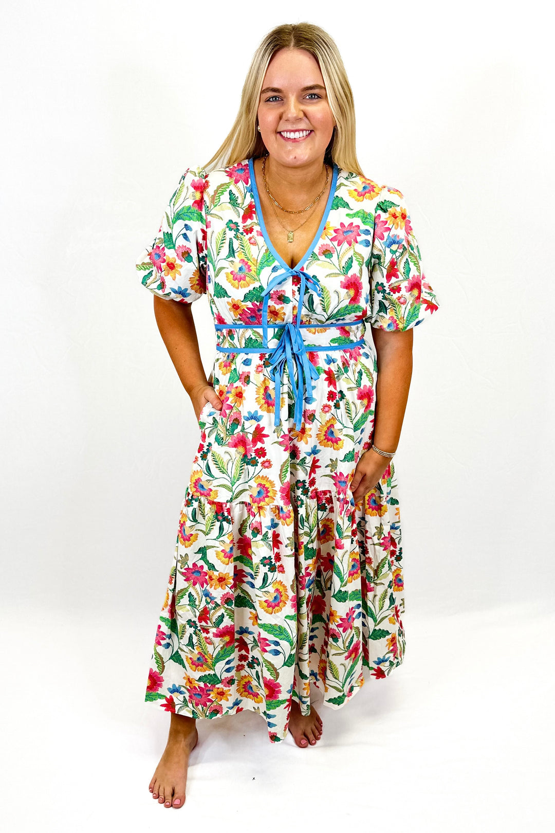 IVORY MULTI VNECK DRESS