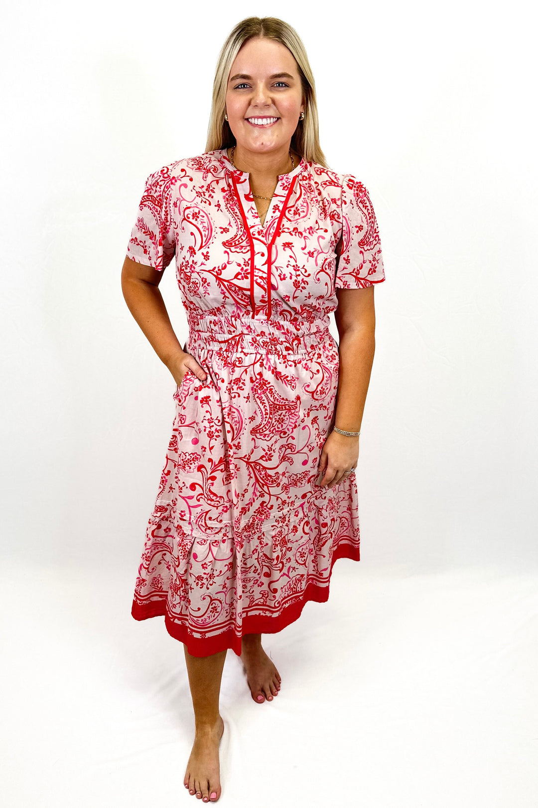 RED PAISLEY SMOCKED WAIST MIDI DRESS