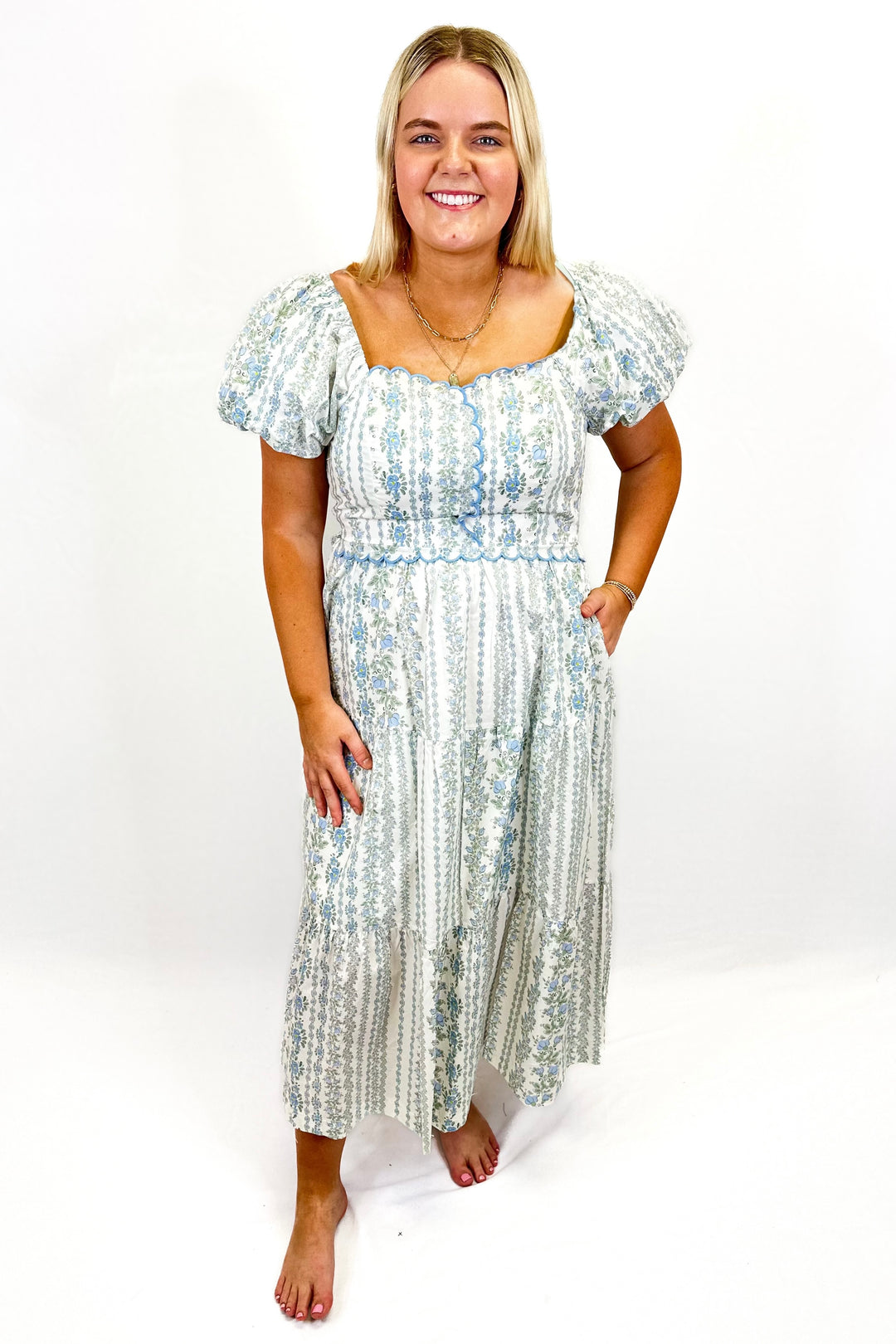 BABY BLUE FLORAL SCALLOP NECK MIDI DRESS