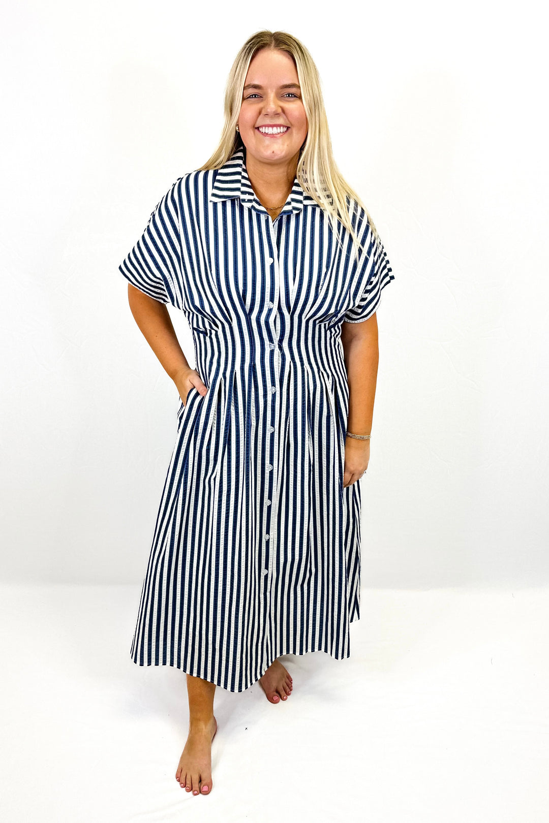 NAVY STRIPE TUCK PLEAT WAIST MIDI DRESS