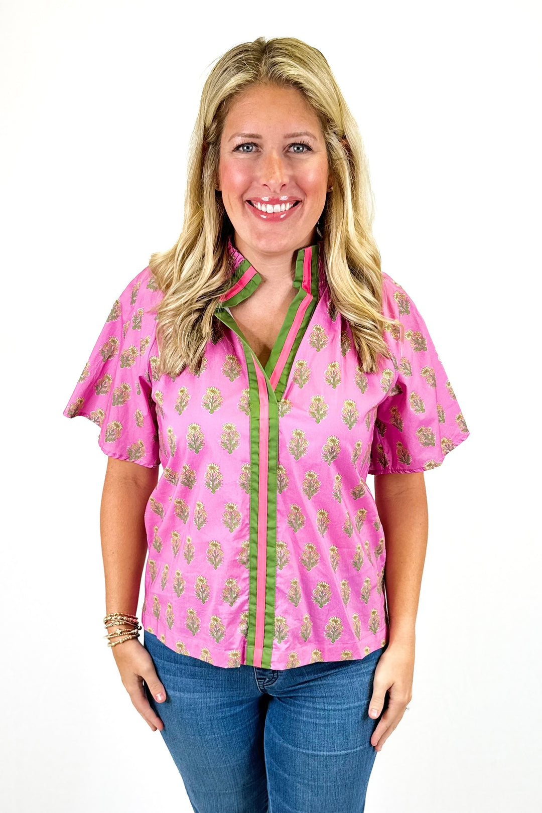 PINK & GREEN FLORAL BLOCK PRINT VNECK TOP