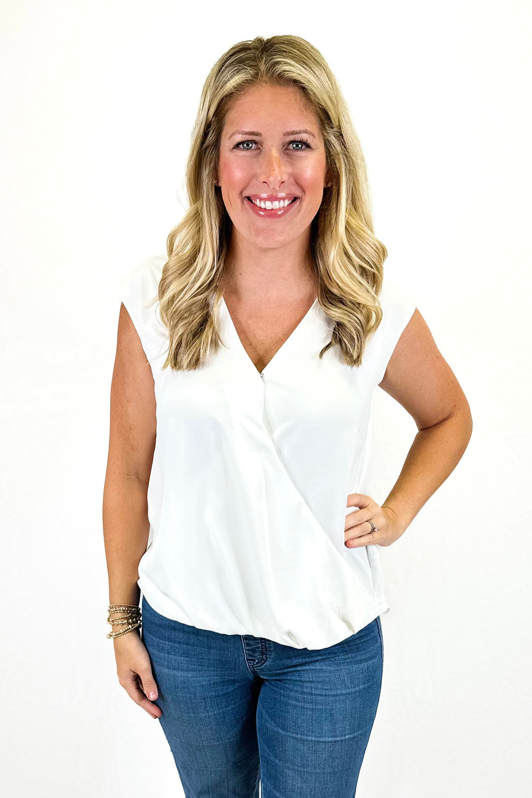 WHITE VNECK DRAPE FRONT TANK