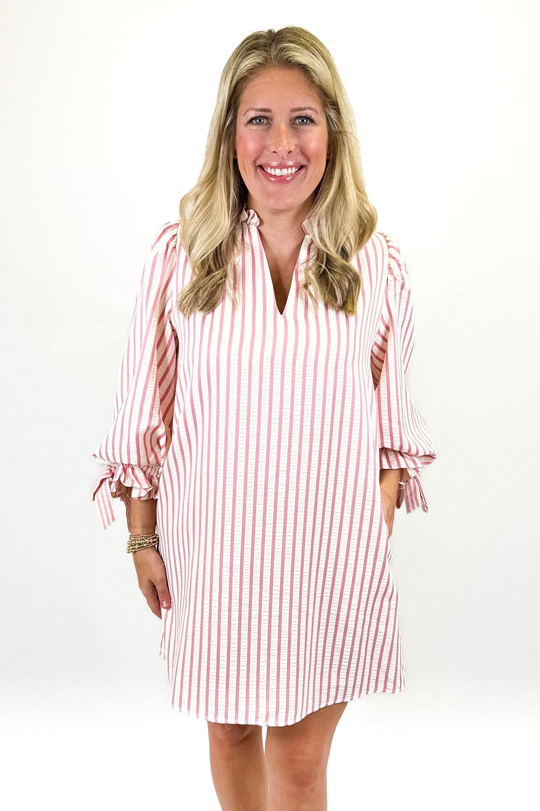 PINK STRIPE 3/4 SLEEVE DRESS
