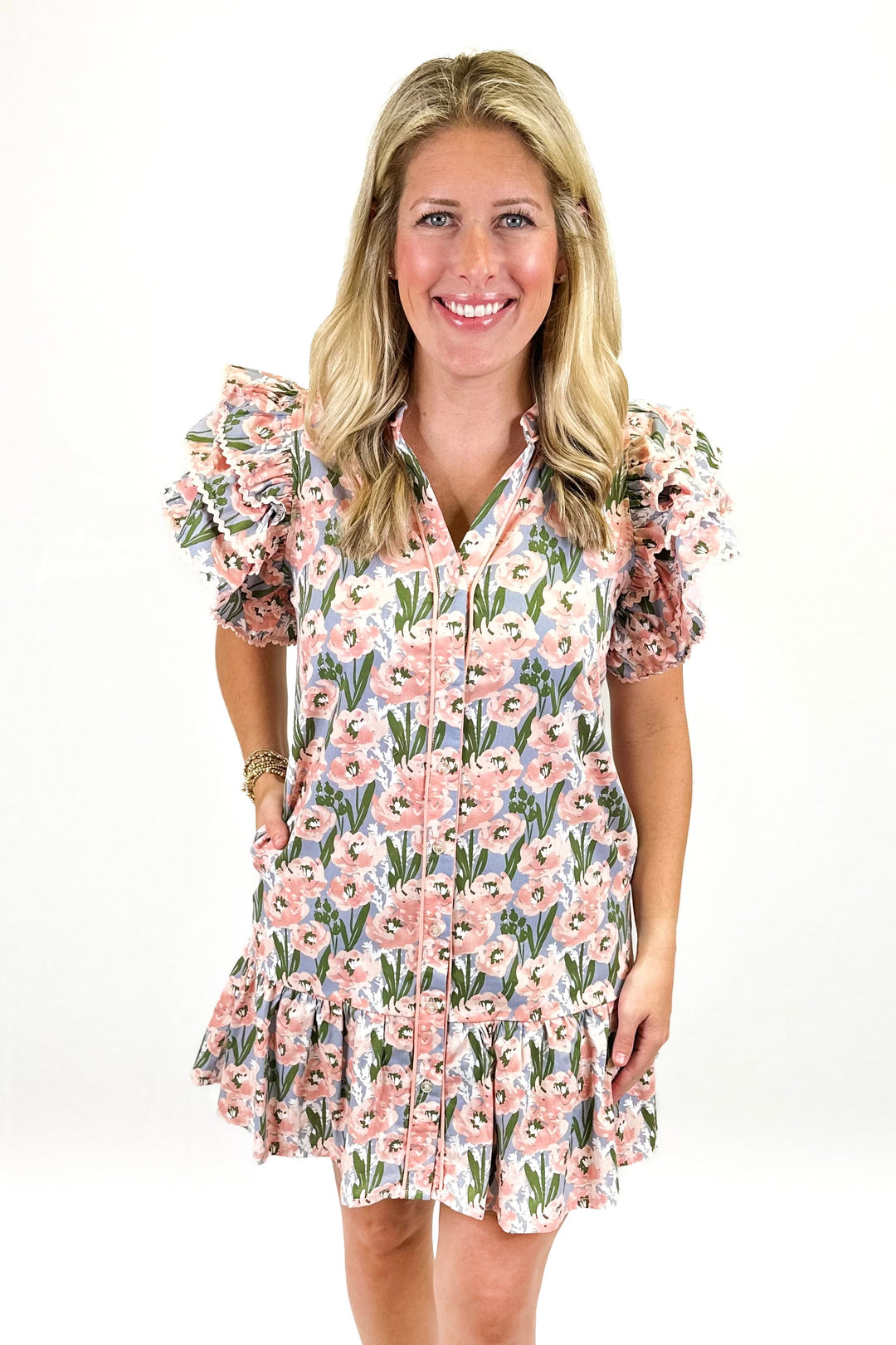 PINK FLORAL RIC RAC RUFFLE BUTTON DRESS
