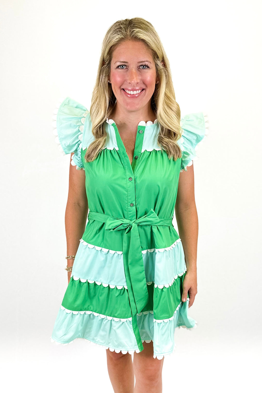 BLUE & GREEN SCALLOP TRIM DRESS