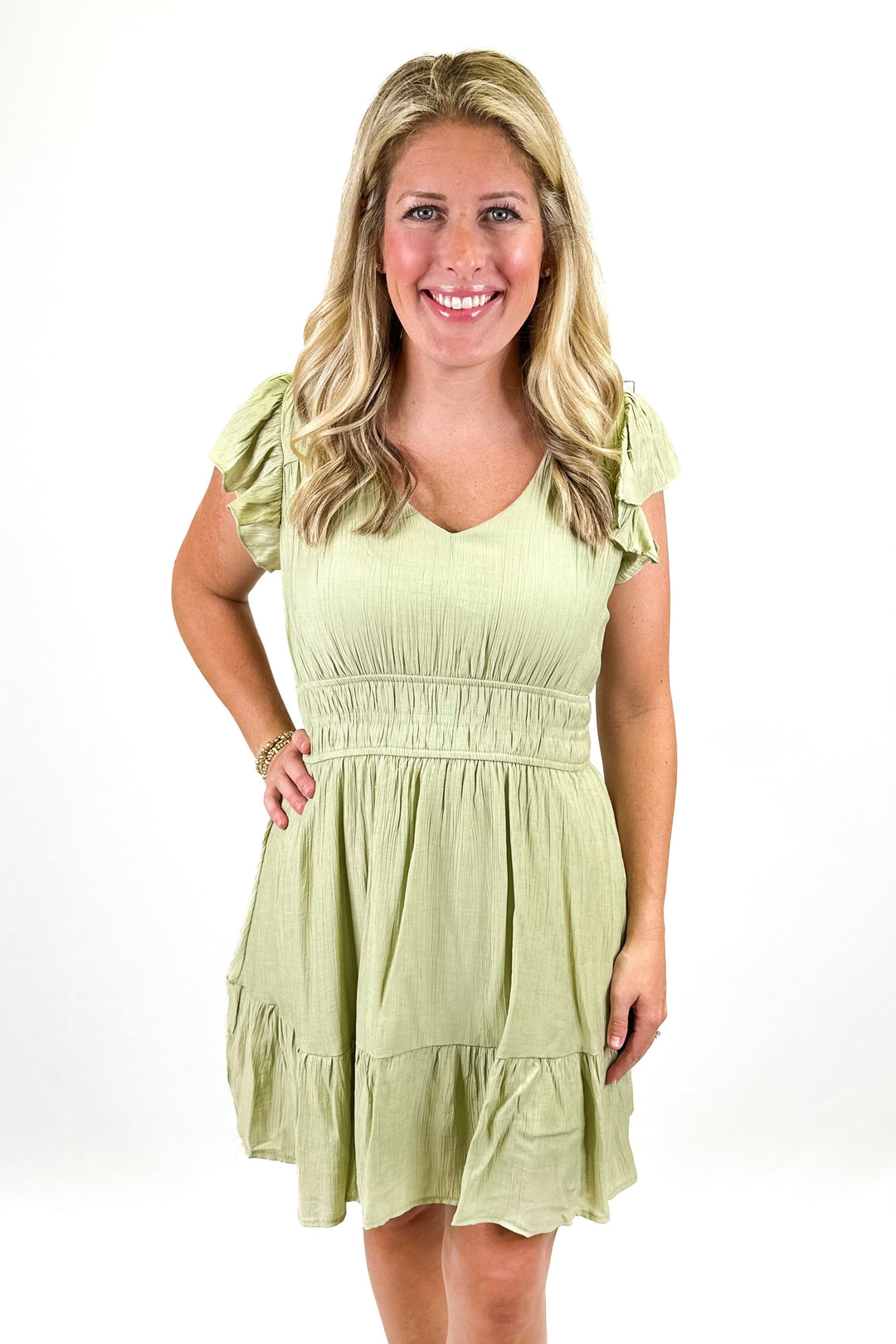 SAGE VNECK FLUTTER SLEEVE DRESS