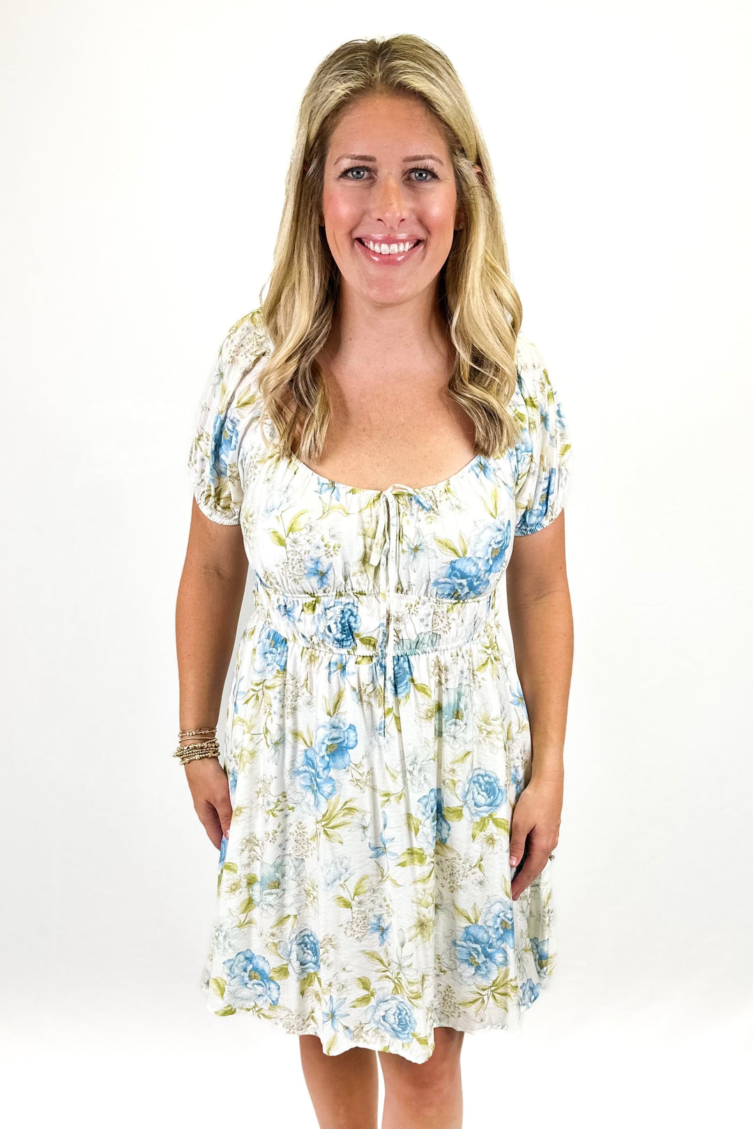 BLUE FLORAL PUFF SLEEVE BABYDOLL DRESS