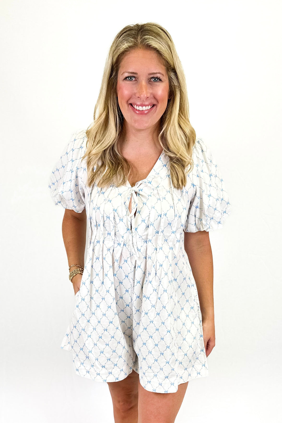 BLUE & WHITE BOW PATTERN PLEATED ROMPER