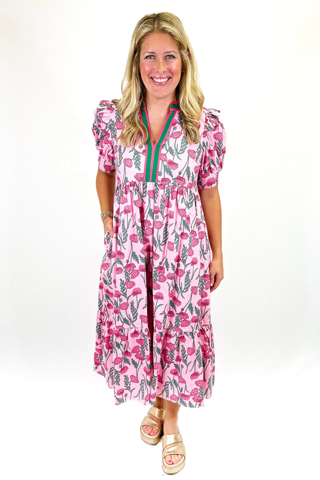 PINK & GREEN FLORAL STRIPE TRIM MIDI DRESS