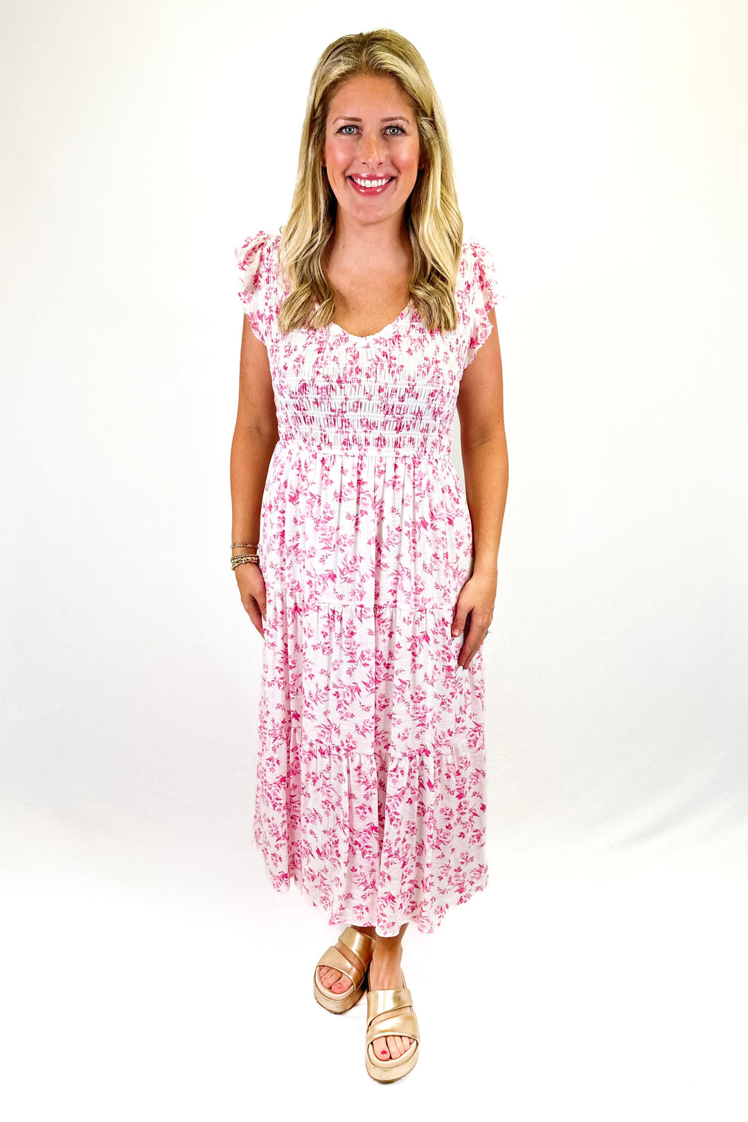 PINK FLORAL SMOCKED BUST MIDI DRESS