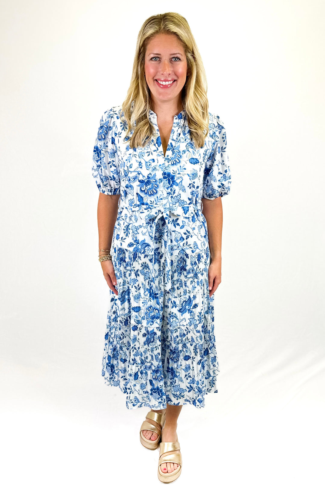 BLUE FLORAL MICRO PLEATED MIDI DRESS