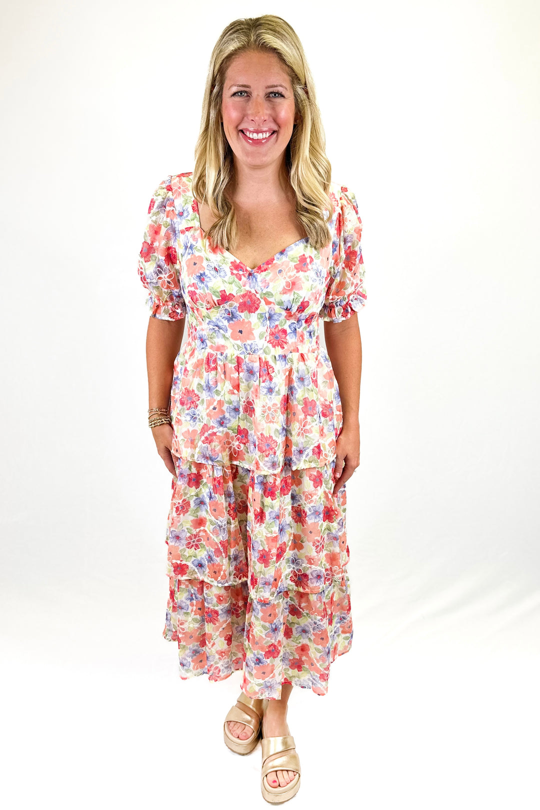 PEACH & BLUE FLORAL TIERED SKIRT MAXI DRESS