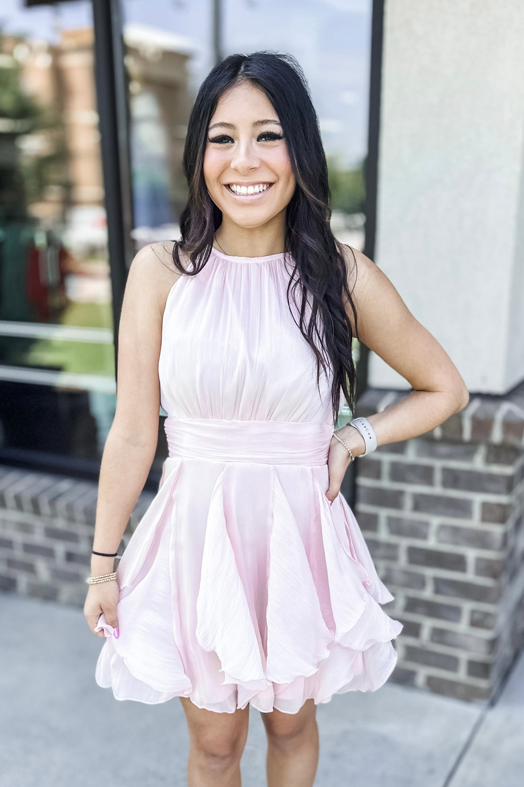 BLUSH SHIMMER FIT AND FLARE DRESS