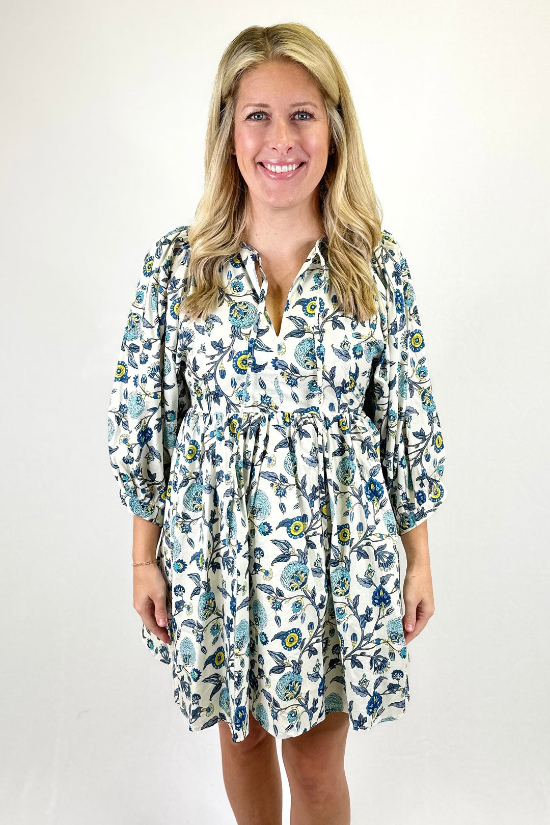 BLUE & YELLOW PAISLEY 3/4 SLEEVE DRESS