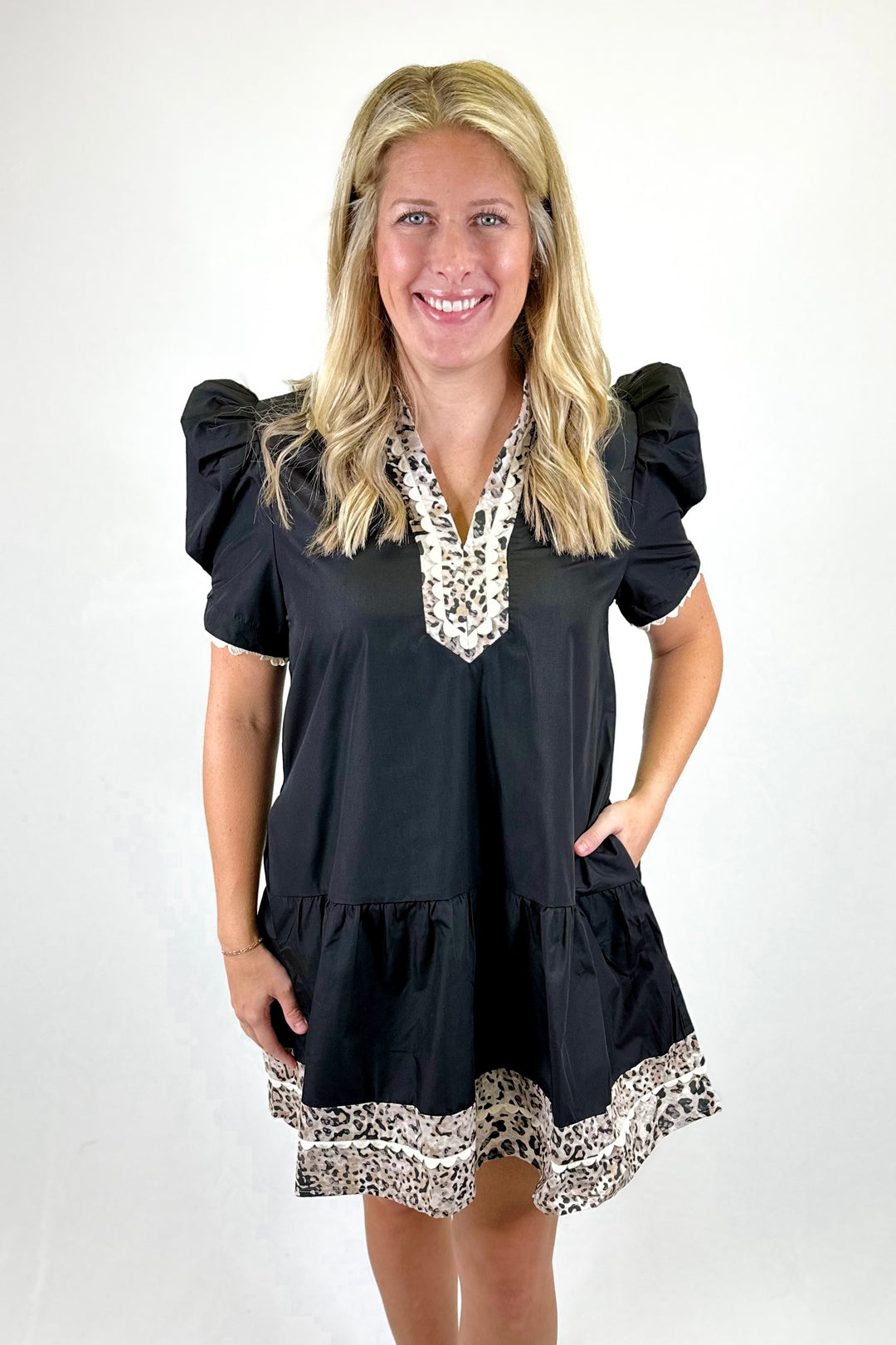BLACK LEOPARD TRIM SCALLOP EDGE DRESS
