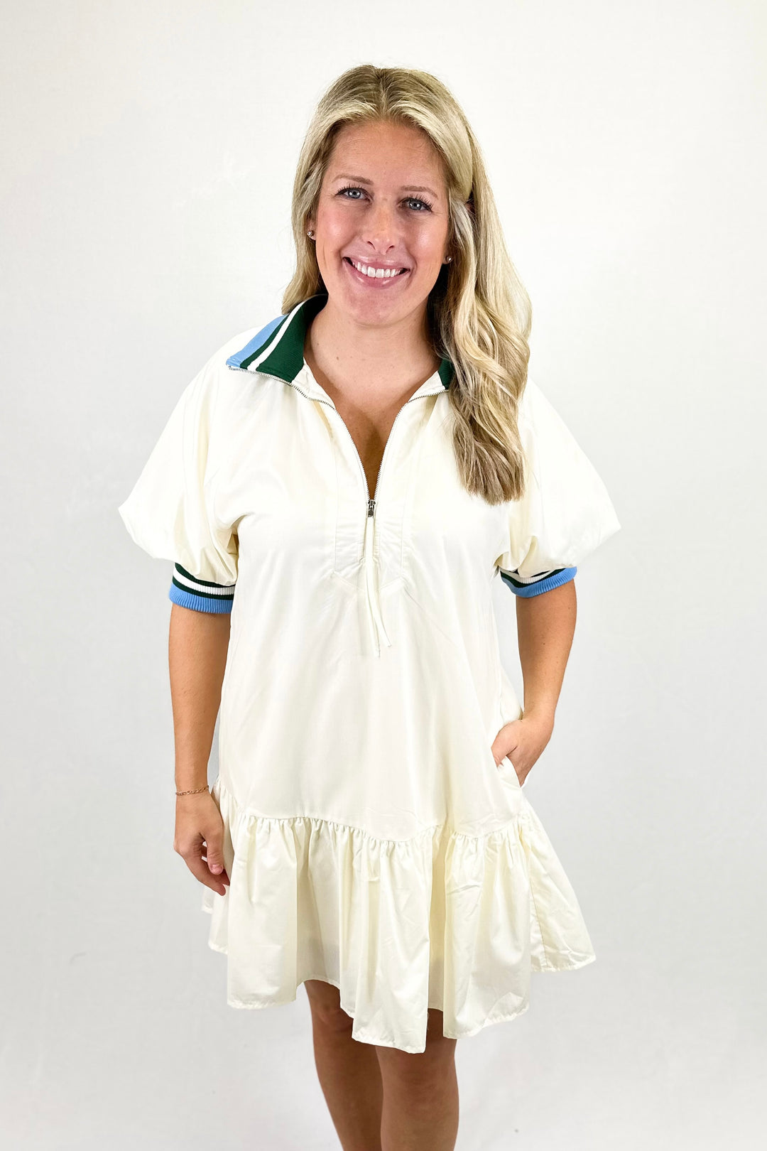 CREAM & BLUE GREEN STRIPE EDGE ZIP NECK DRESS