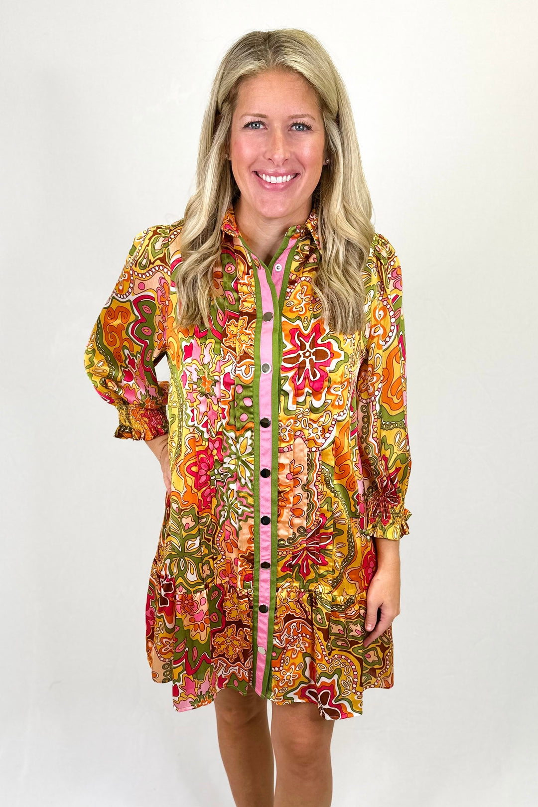 YELLOW, PINK, & GREEN FLORAL COLLARED BUTTON DRESS