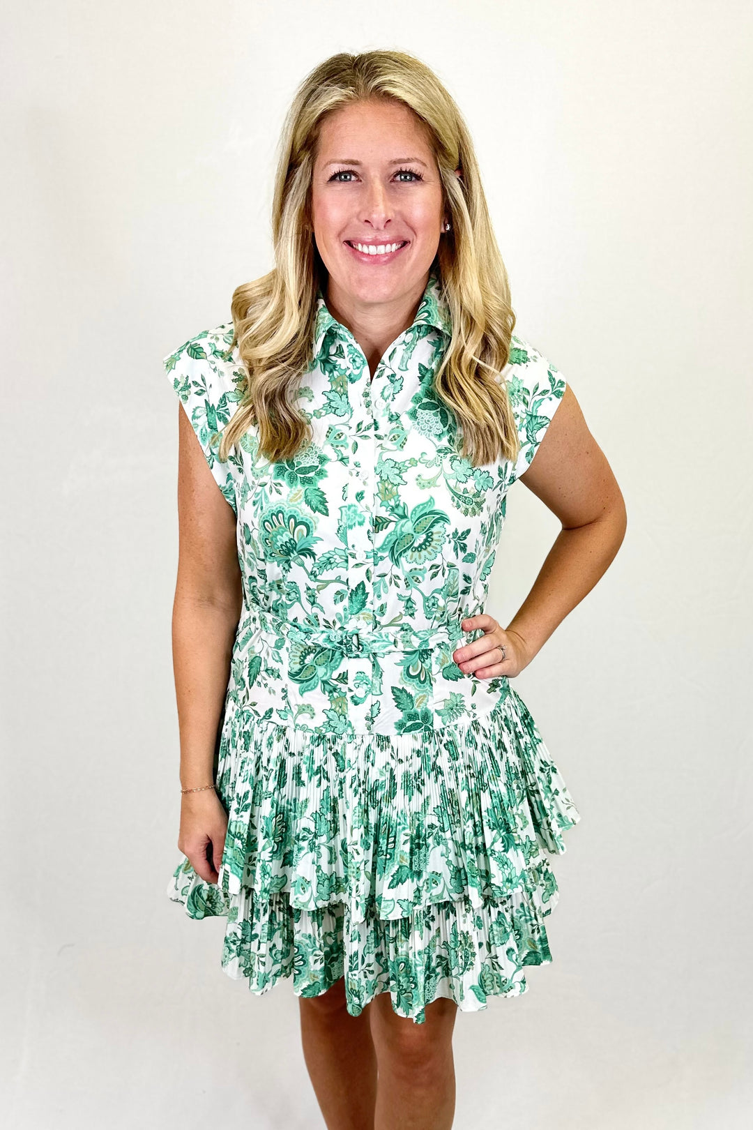 GREEN FLORAL MICRO PLEATED BUTTON DRESS