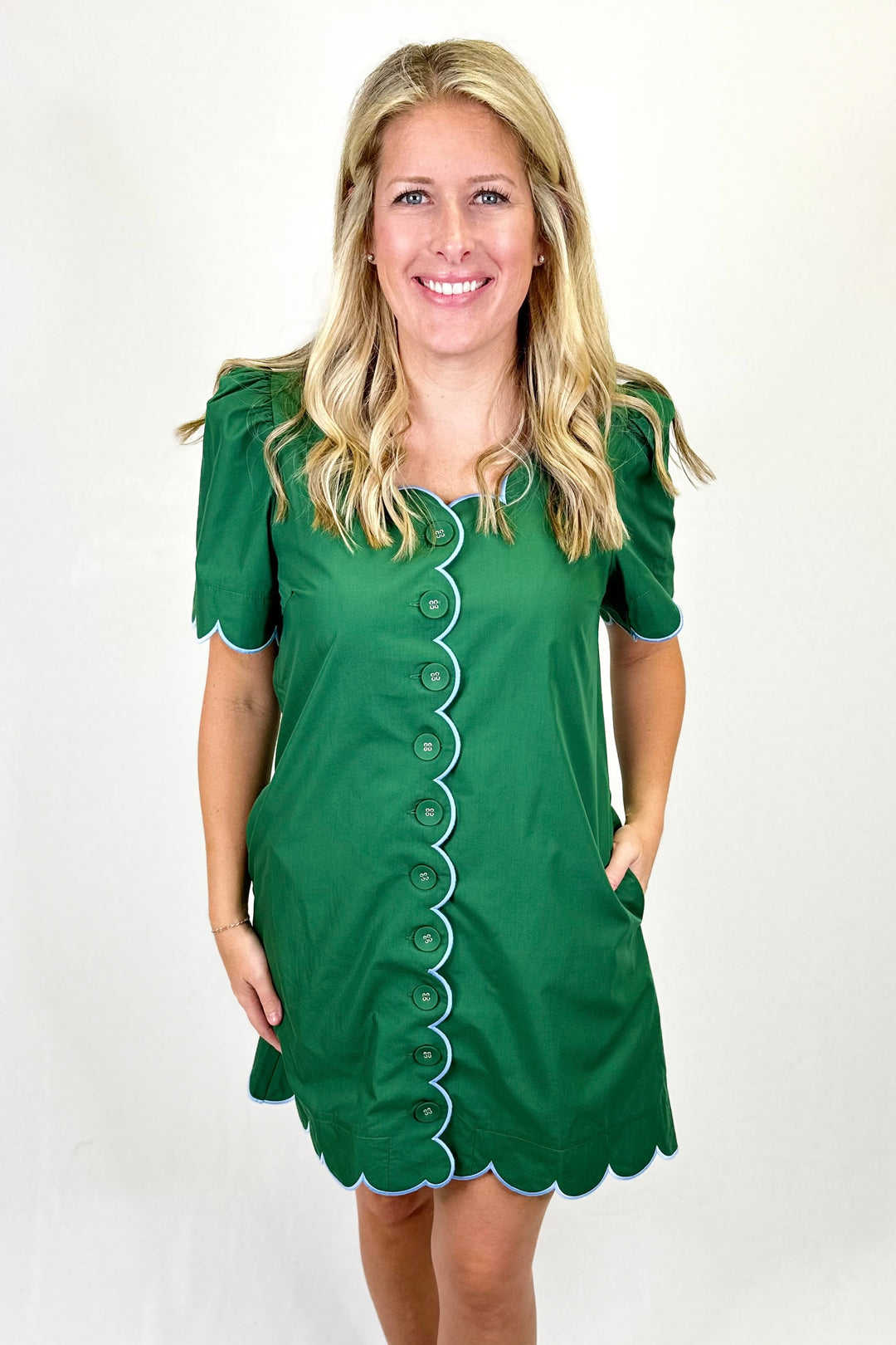 GREEN & BLUE SCALLOP EDGE BUTTON DRESS