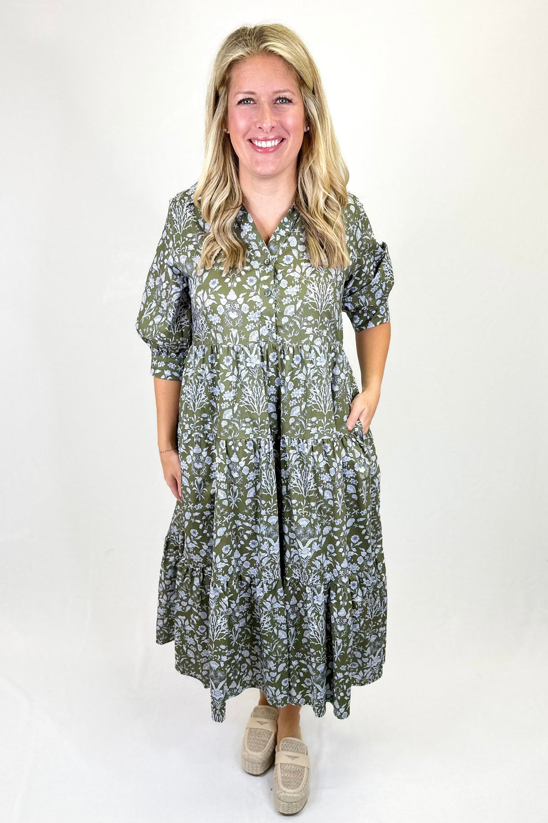 OLIVE & BLUE FLORAL COLLAR MIDI DRESS