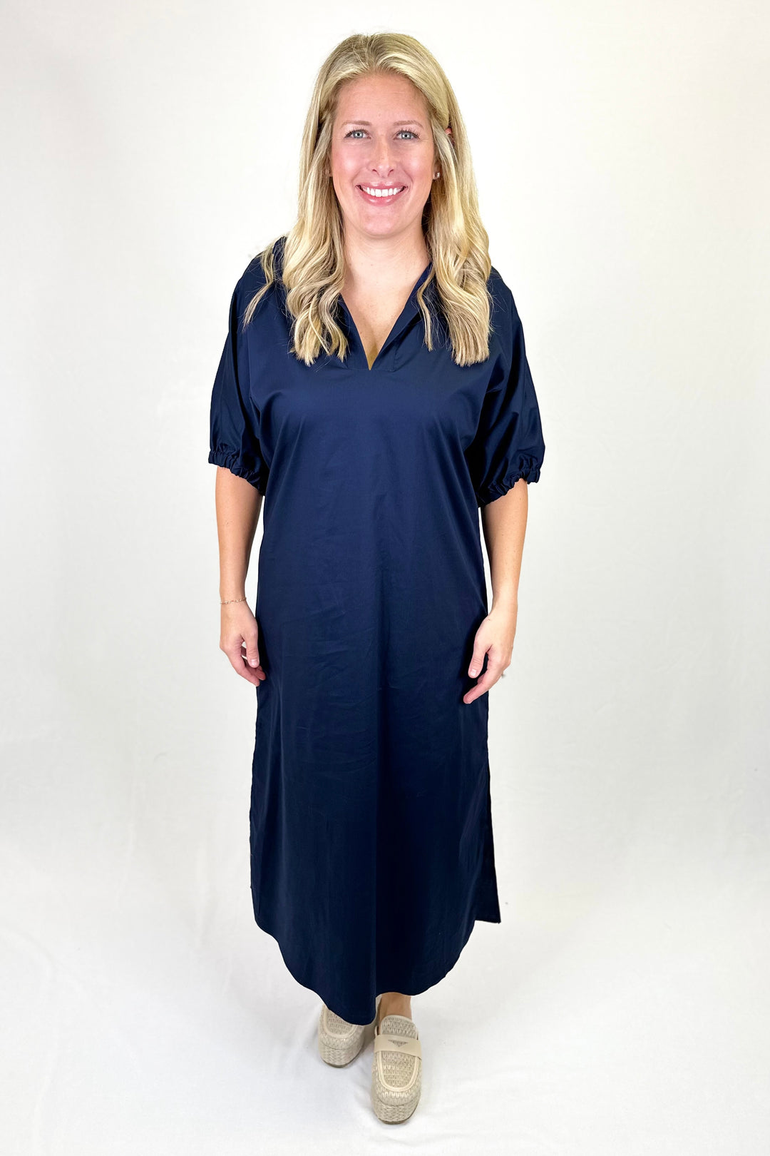 NAVY COLLAR DROP SHOULDER MIDI DRESS