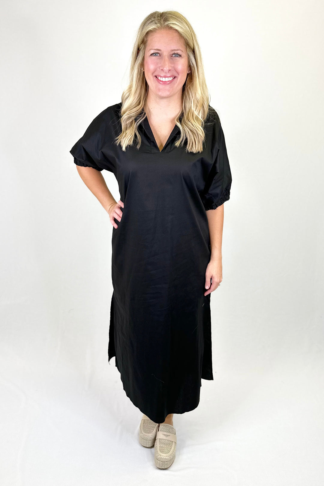 BLACK COLLAR DROP SHOULDER MIDI DRESS