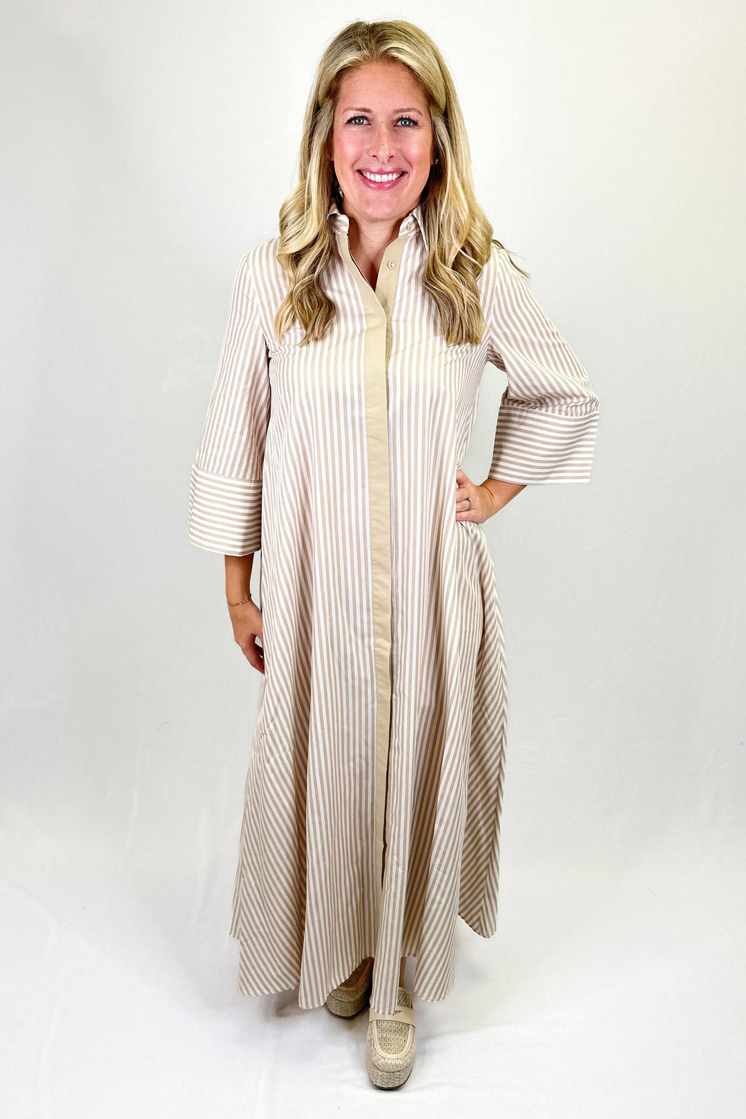 TAN STRIPE BUTTON COLLAR MAXI DRESS