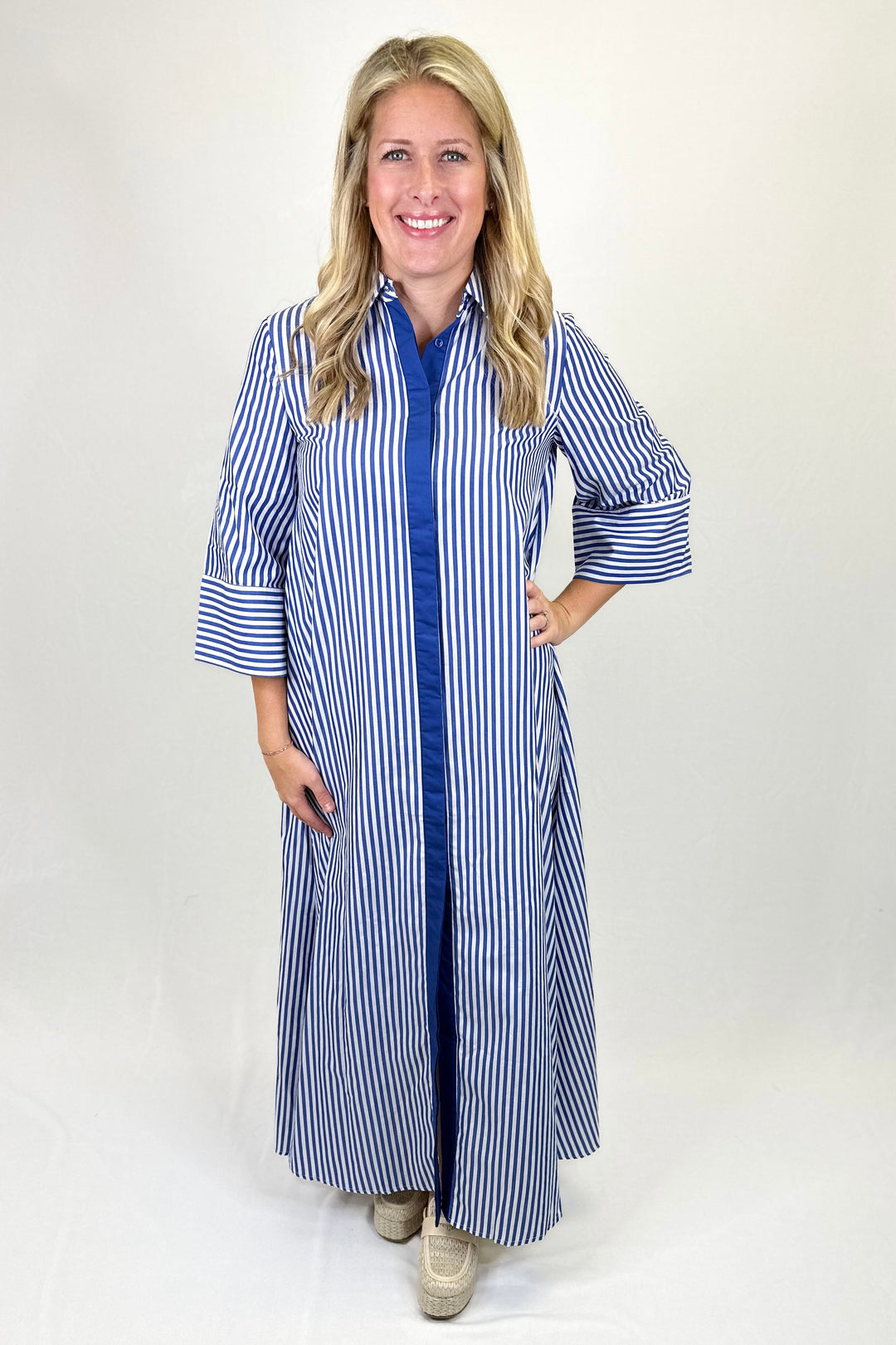 NAVY STRIPE BUTTON COLLAR MAXI DRESS