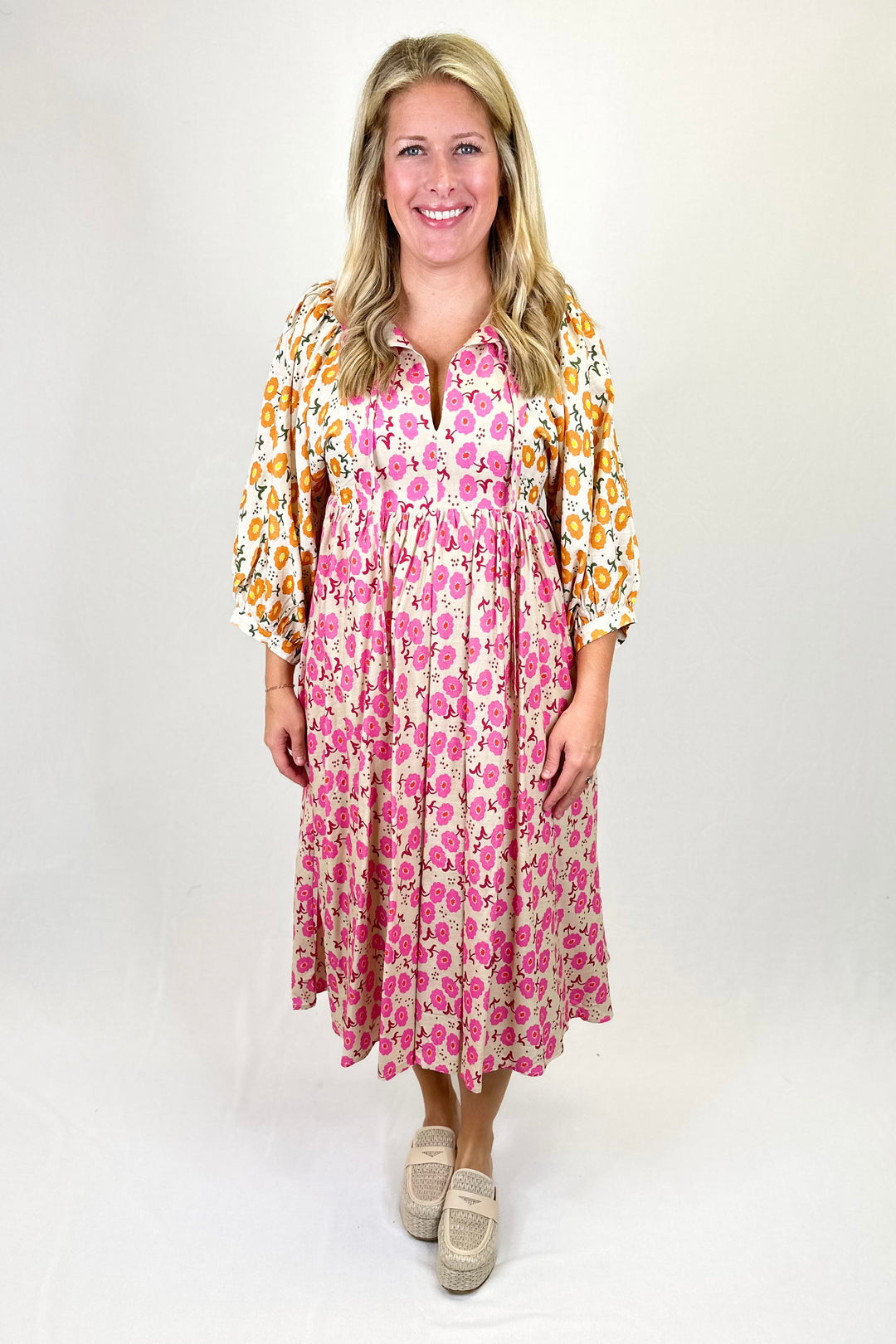 PINK & ORANGE FLORAL 3/4 SLEEVE MIDI DRESS