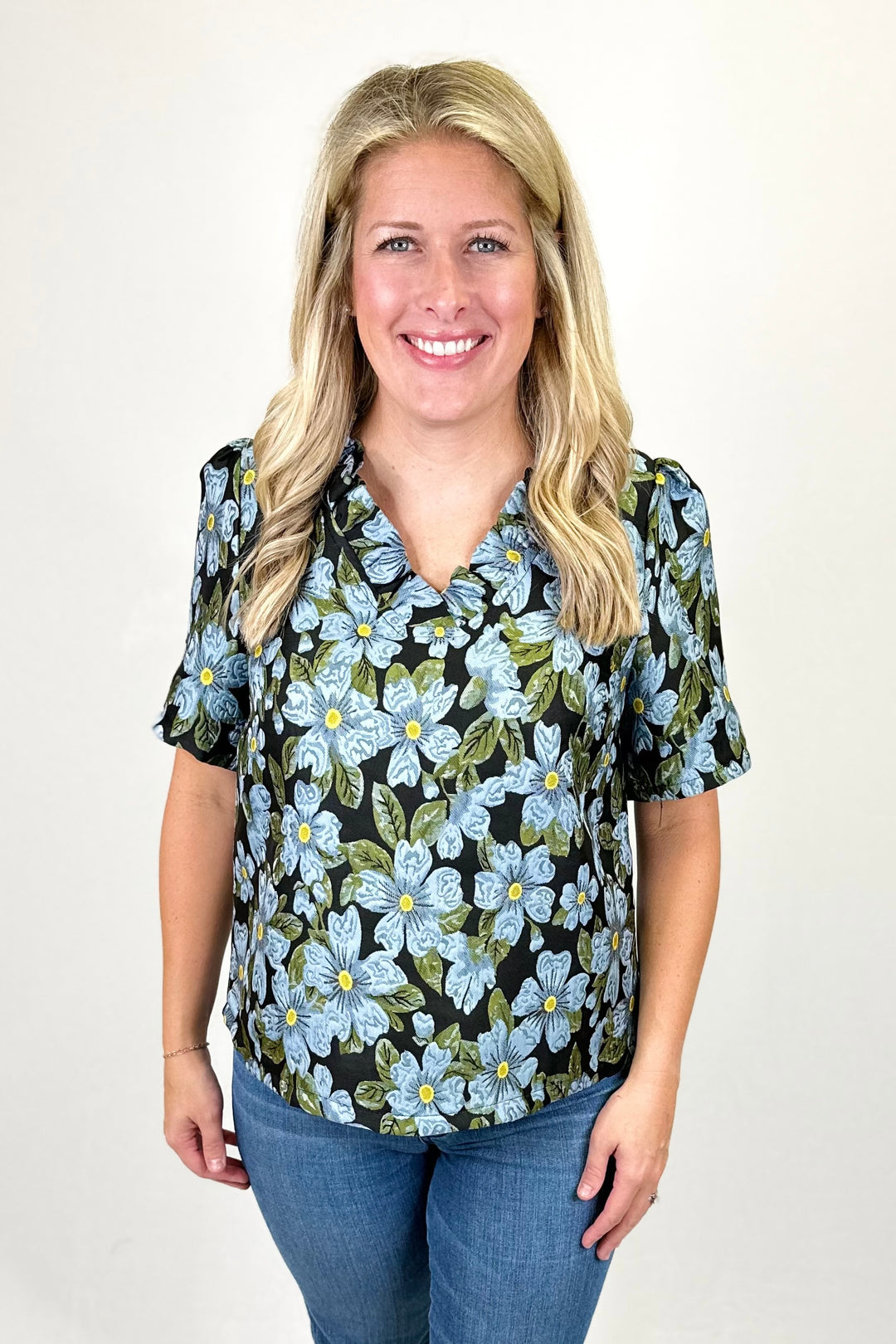 BLUE & GREEN JACQUARD FLORAL RUFFLE VNECK TOP