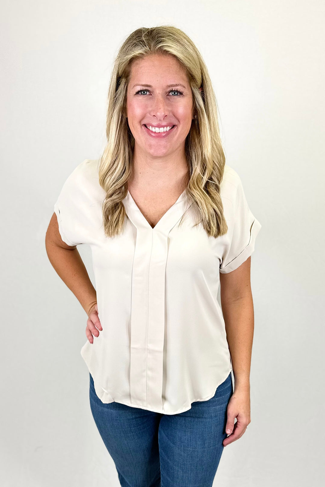 LIGHT TAUPE VNECK BLOUSE