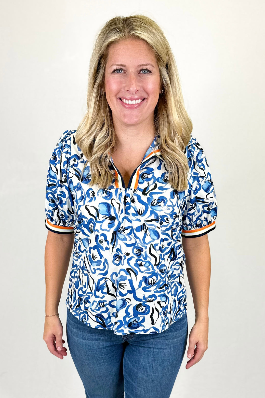 BLUE FLORAL & ORANGE STRIPE TRIM TOP