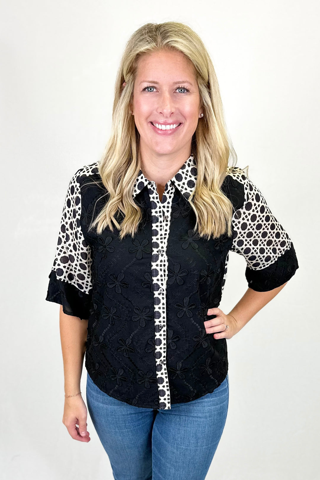 BLACK FLORAL EMBROIDERED & CANE PRINT CONTRAST TOP