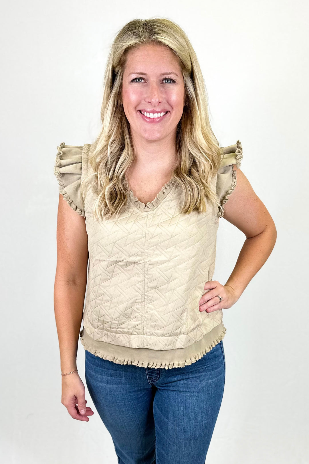 TAUPE QUILTED LAYERED FRILL TRIM TOP