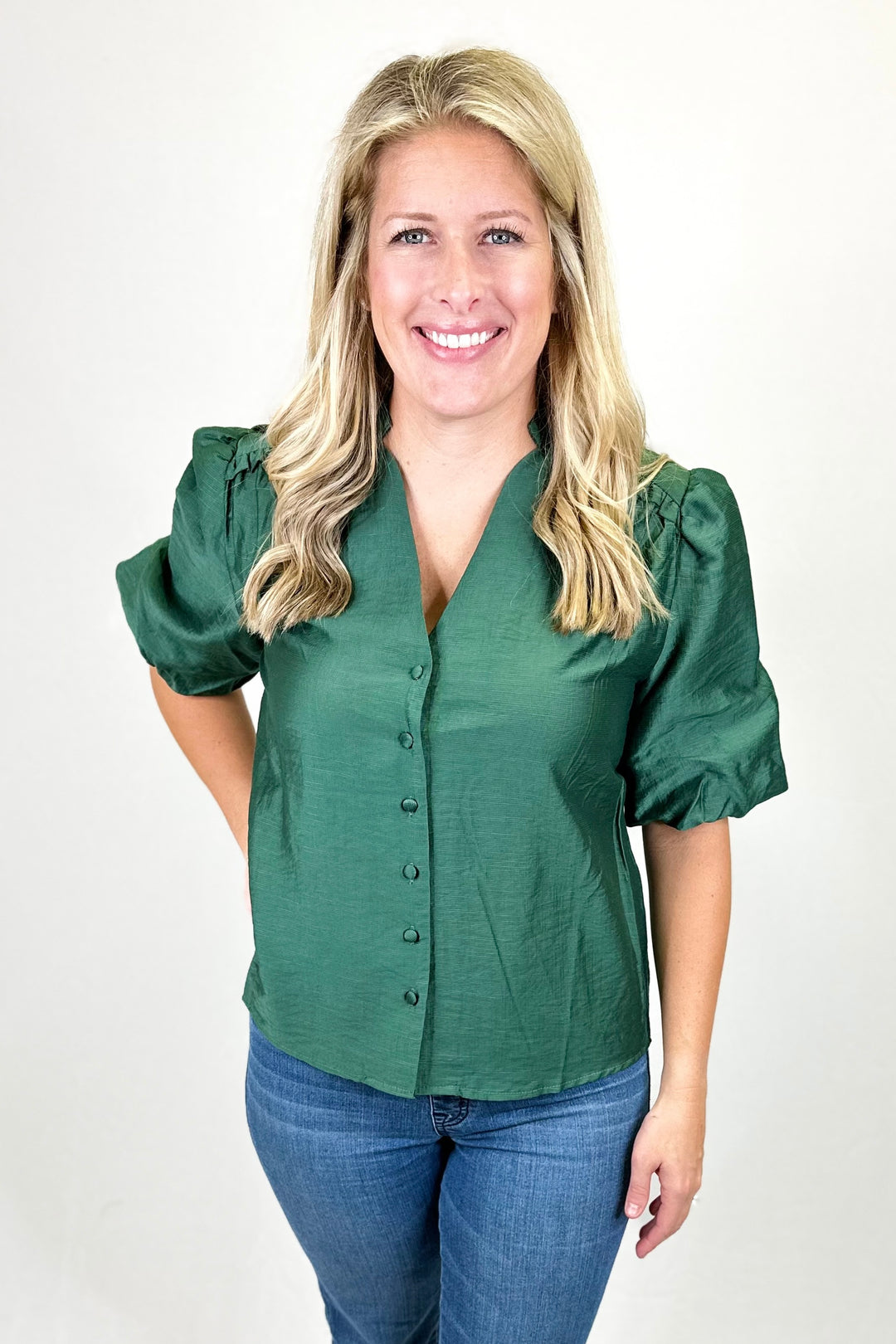 GREEN RUFFLE BUTTON SATIN LIKE TOP