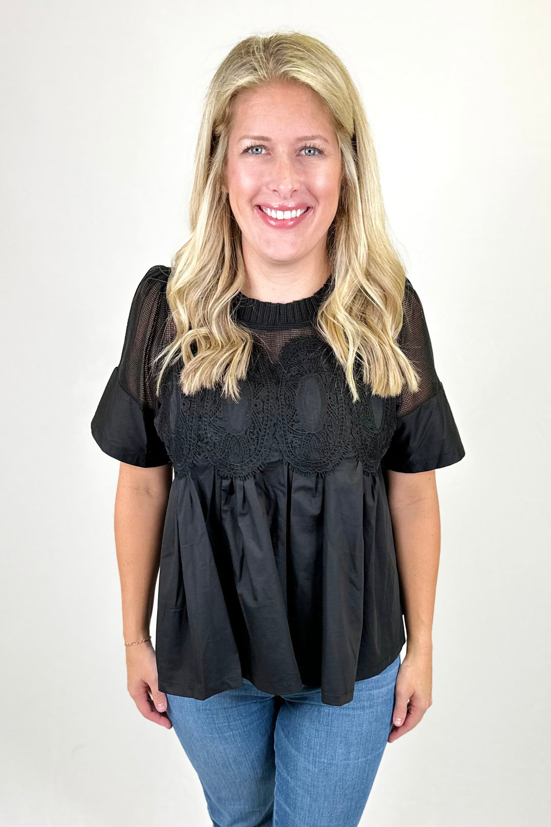 BLACK MESH APPLIQUE TOP