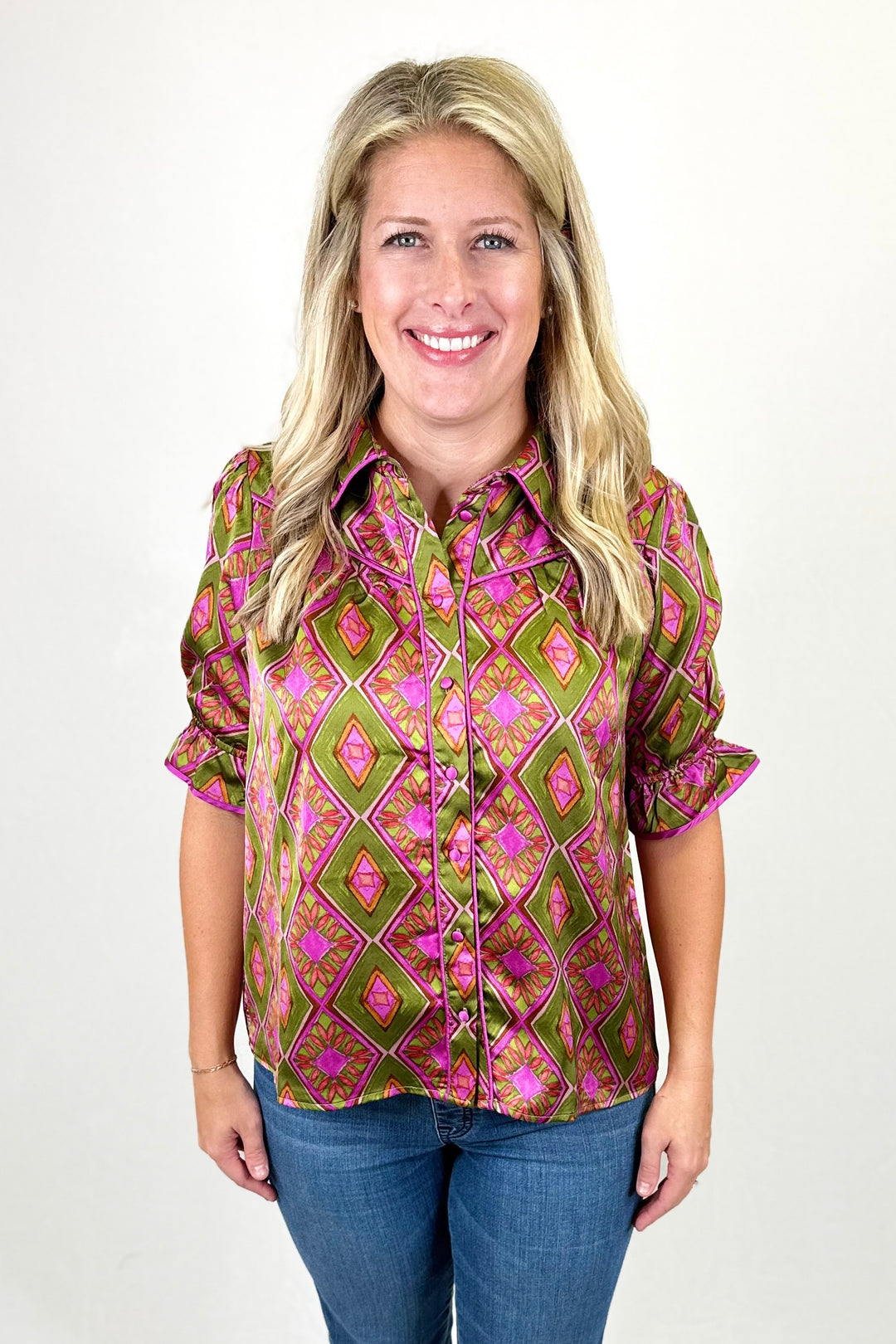 OLIVE & PINK PRINTED COLLAR TOP