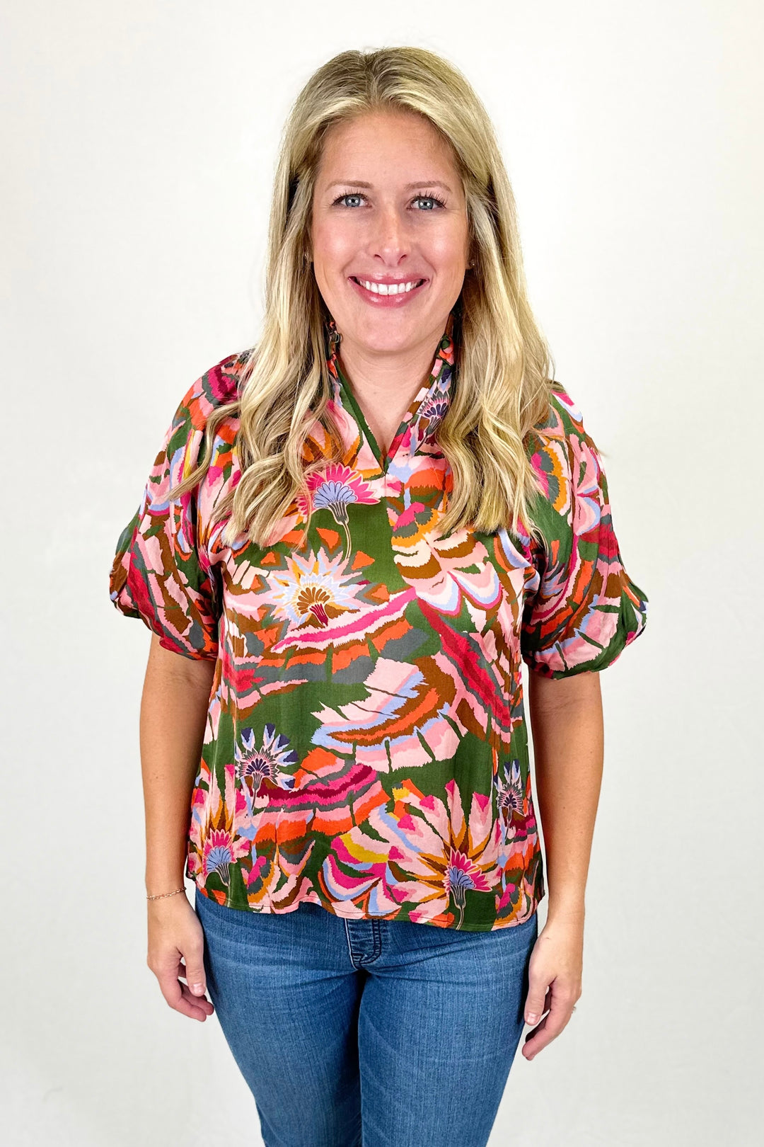 GREEN BOTANICAL PRINT HIGH NECK TOP