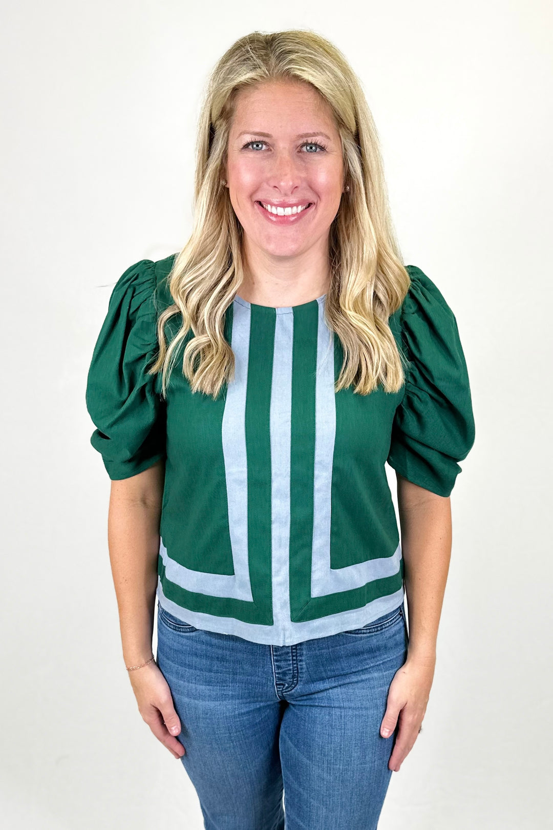 GREEN & BLUE STRIPE PUFF SLEEVE TOP
