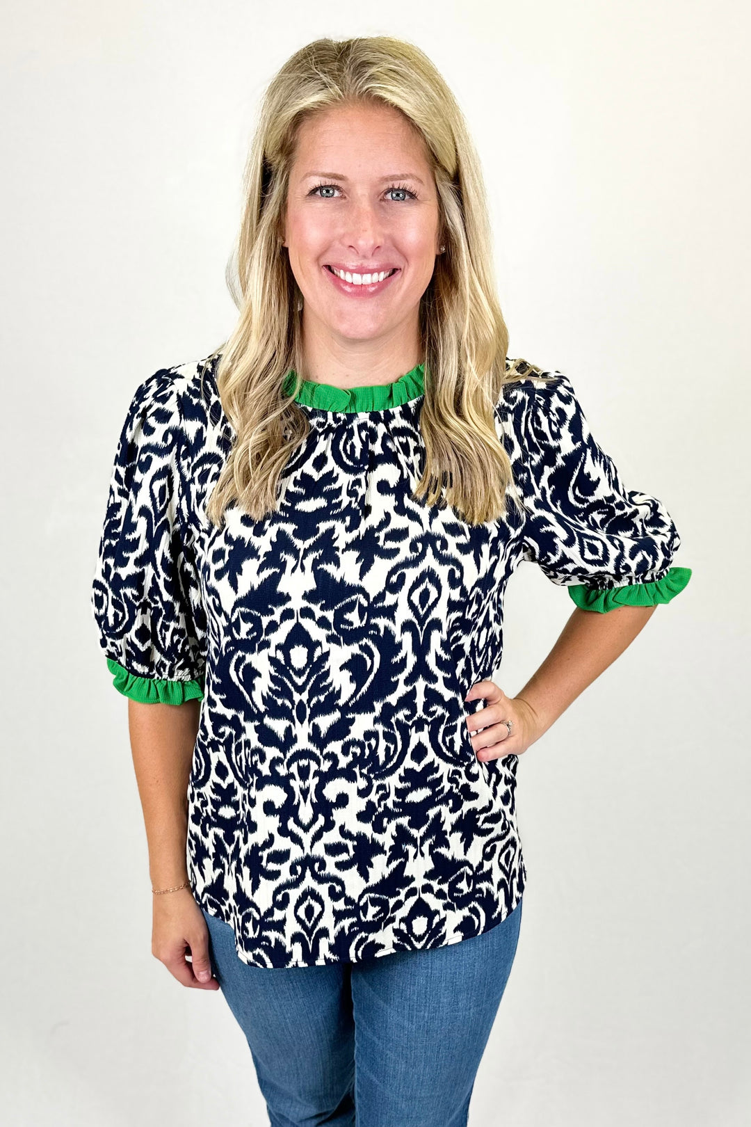 NAVY DAMASK PRINT & GREEN TRIM TOP