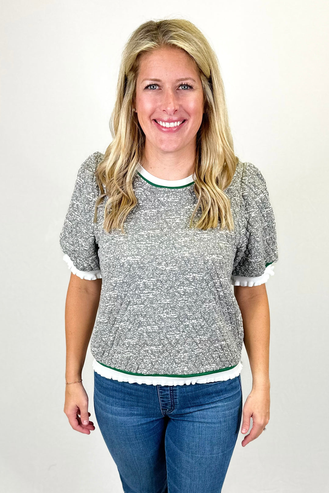 GREY QUILTED & GREEN STRIPE TRIM TOP